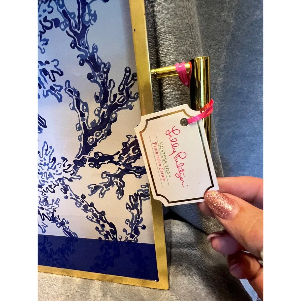 Lilly Pulitzer Coral Bay Hostess Serving Tray Blue White Gold Handles 18